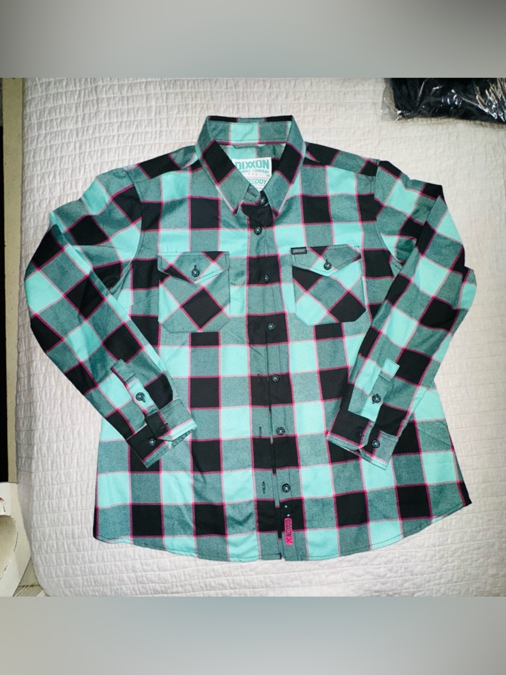 Dixxon Shreddy Women’s Flannel Light Teal & Black Plaid Button-Up Shirt